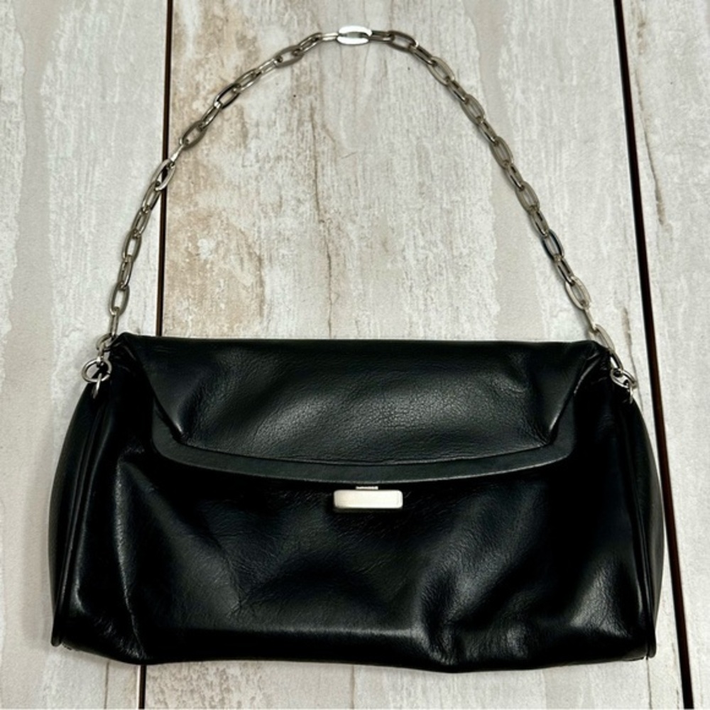 Kenneth Cole Black Leather Mini Bag Silver Chain Fold Over Kiss-lock Date Night